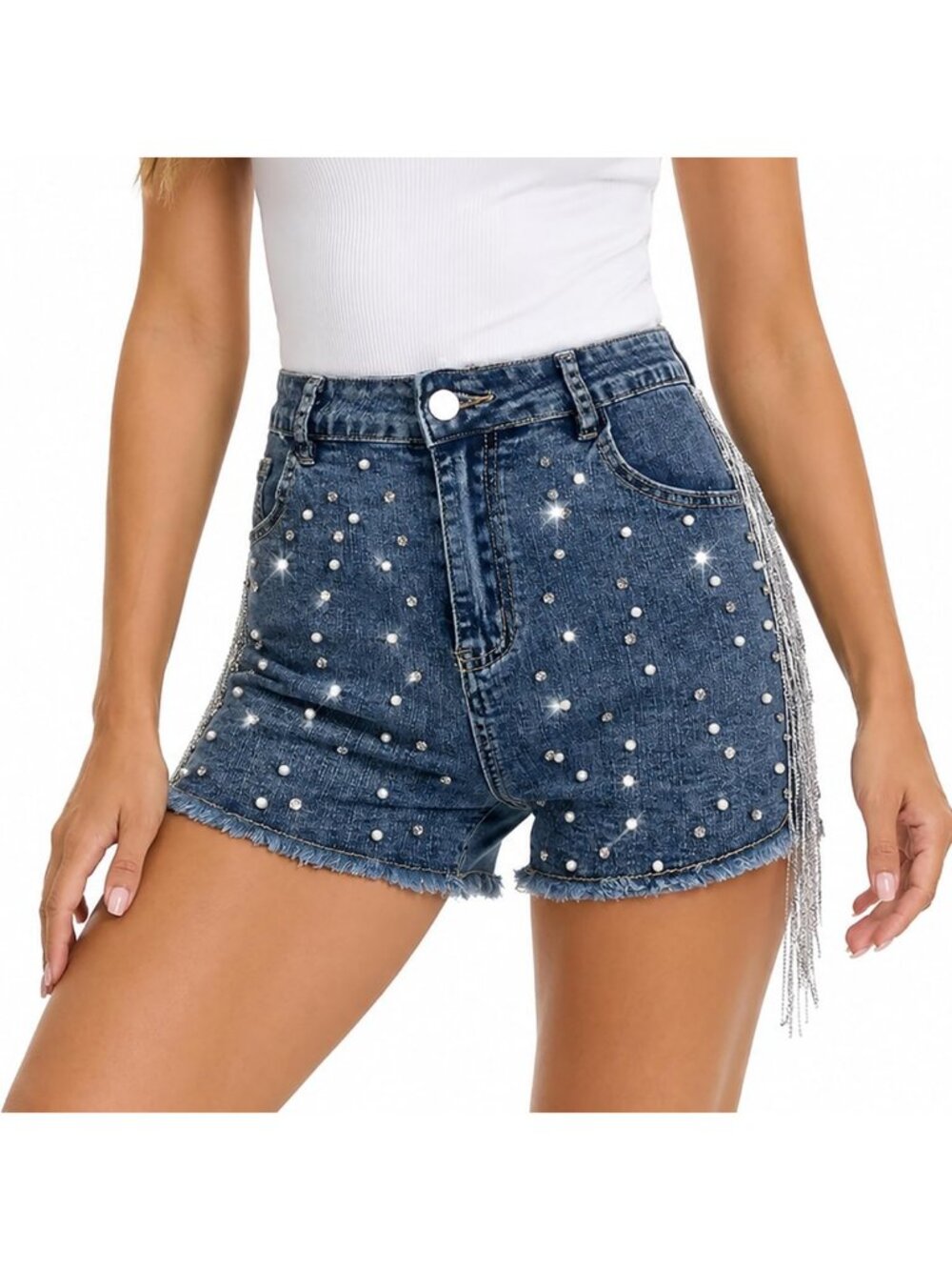 Rhinestone Pearl Fringe Denim Shorts for Women - Festival Ready, Raw Hem Style